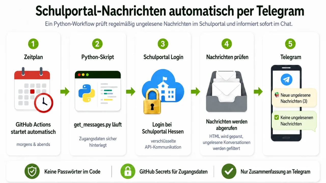 Diagramm eines Automations-Workflows von Zeitplan über Skript bis zur Chat-Benachrichtigung