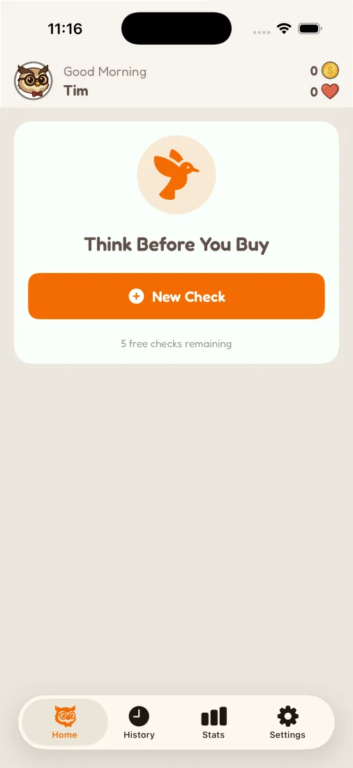 Startbildschirm der iPhone-App mit Button für einen neuen Check