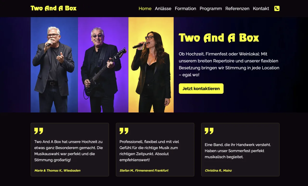 Website der Band Two and a Box mit Bandfotos und Buchungs-Button